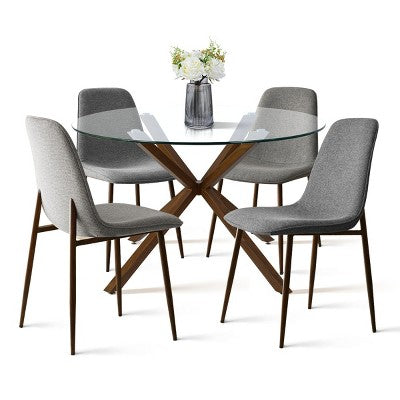 Olive+Oslo 5-Piece Dining Table Set for 4, Round Glass Dining Table with 4 Upholstered Dining Chairs Walnut Legs-Panipeachy