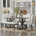 6 PCS Retro Dining Table Set, Rectangular Table with Unique Legs and Upholstered Chairs-ModernLuxe