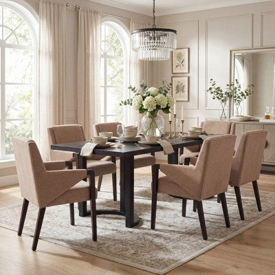 Christopher Knight Home Harish Modern 7 Piece Rubberwood Linen Upholstered Dining Set with Rectangular Table