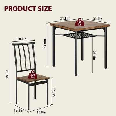 5 Piece Dining Table Set for 4 with Storage Rack, Metal and Wood Rectangular Dining Room Table Set for Kitchen, Dining Room, Dinette,Rustic Brown