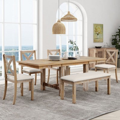 Farmhouse Extendable Dining Table Set for 6, Solid Wood Rectangular Kitchen Table Set with Removable Leaf, 4 Upholstered Chairs and Bench