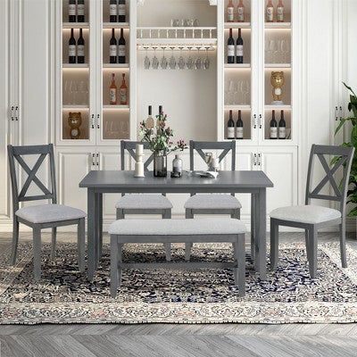 6 Piece Extendable Dining Table Set Dining Set Small Dinette Kitchen Table Set with Foldable Table, 4 Upholstered Chairs, Bench, Gray/Espresso-HABITRI