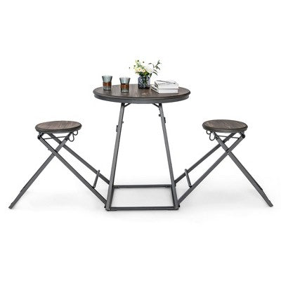Costway 3-Piece Bar Table Set Round Pub Dining Table & 2 Foldable Stools w/ Metal Frame