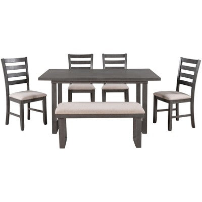 Farmhouse 6 Pieces Dining Table Set with Bench, Wood Rectangle Table and 4 Upholstered Chairs for Kitchen, Gray