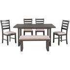 Farmhouse 6 Pieces Dining Table Set with Bench, Wood Rectangle Table and 4 Upholstered Chairs for Kitchen, Gray