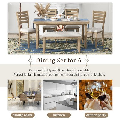 6-Piece Farmhouse Dining Table Set Dining Set with Rustic Dining Table, 4 High-back Dining Chairs and Bench, Natural Wood Wash/Gray-ModernLuxe
