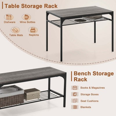 Costway Dining Table Set for 4 Rectangular Table with 2 Chairs, 1 Bench, Storage Racks Rustic Brown/Gray/Brown