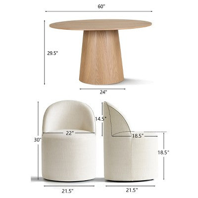 Round Dining Table Set For 6, Upholstered Barrel Dining Chairs With Castors, Linen Blend Fabric, Curved Back Support - Panipeachy