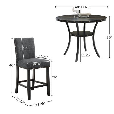 Biony Espresso Wood Counter Height Dining Set with Grey Fabric Nailhead Stools