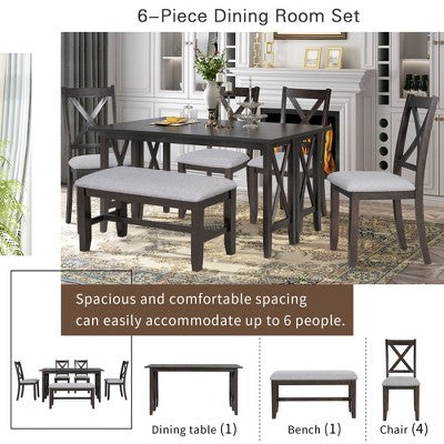 6 Piece Extendable Dining Table Set Dining Set Small Dinette Kitchen Table Set with Foldable Table, 4 Upholstered Chairs, Bench, Gray/Espresso-HABITRI