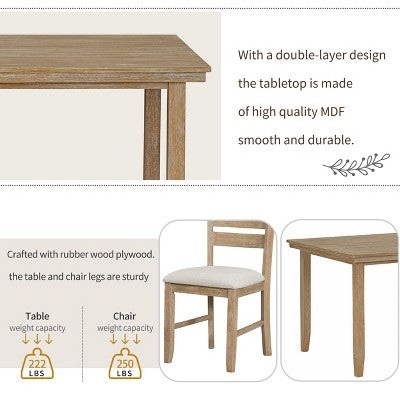 6-Piece Farmhouse Dining Table Set Dining Set with Rustic Dining Table, 4 High-back Dining Chairs and Bench, Natural Wood Wash/Gray-ModernLuxe