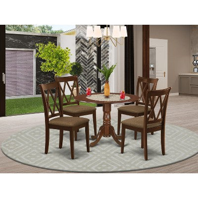 HomeStock Belmont 5Pc Dining Set Includes a Round Dinette Table with Drop Leaves and Four Double X Back Linen Seat Kitchen Chairs, Mahogany Finish