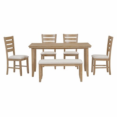 6-Piece Farmhouse Dining Table Set Dining Set with Rustic Dining Table, 4 High-back Dining Chairs and Bench, Natural Wood Wash/Gray-ModernLuxe