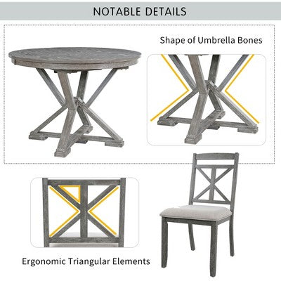 Farmhouse Extendable Round Dining Set for 4, Kitchen Dining Table Set with 4 Upholstered Dining Chairs for Dining Room