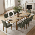 Expandable Dining Table Set for 8, Rectangular Table with Removable Leaves and Armless Linen Chairs, Featuring Solid Wood Legs-Panipeachy