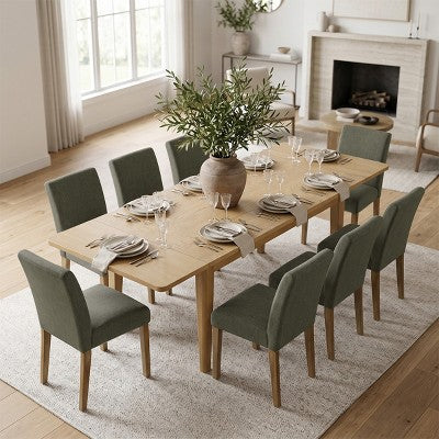 Expandable Dining Table Set for 8, Rectangular Table with Removable Leaves and Armless Linen Chairs, Featuring Solid Wood Legs-Panipeachy