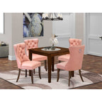 5-Piece Antique Walnut Finish Solid Wood Top - Square Upholstered Dining Room Set - Seats 4