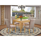 Country Cottage Dining Set - 5Pc Square Table & 4 Chairs - Linen Fabric - Oak Finish