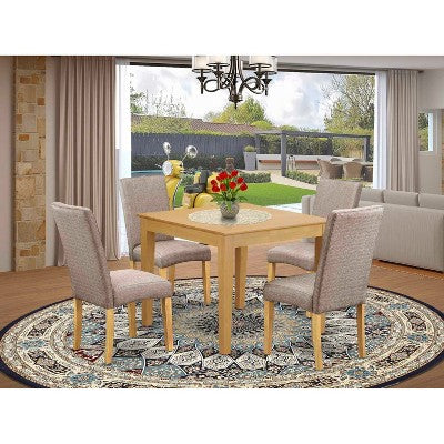 Country Cottage Dining Set - 5Pc Square Table & 4 Chairs - Linen Fabric - Oak Finish