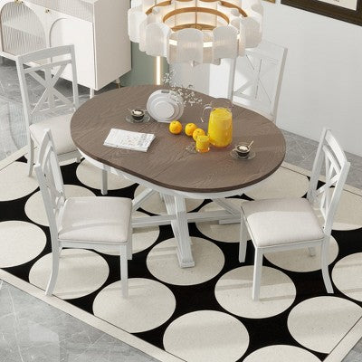 Farmhouse Extendable Round Dining Set for 4, Kitchen Dining Table Set with 4 Upholstered Dining Chairs for Dining Room
