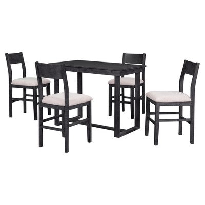 5 Pieces Counter Height Dining Set for 4, Farmhouse Wooden Bar Table Set with 4 Upholstered Chairs for Small Places
