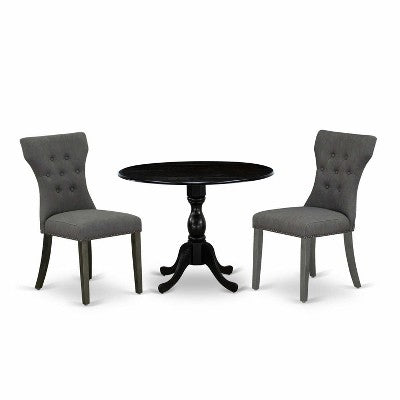 3-Piece Wire Brushed Black Solid Wood Top - Button Tufted Dining Room Set - Seats 4