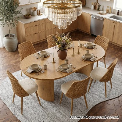 Dining Table Set for 6, Upholstered Dining Chairs with Rattan Backs and Oval Table in Natural Wood-Tone Finish, for Kitchen or Dining Room-Panipeachy