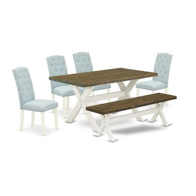 HomeStock 6-Piece Natural Oak Finish Solid Wood Top dining Table with 1-Bench and 4-Chairs