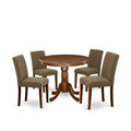 Round Dining Set 5pc - 36 Table & 4 Chairs - Linen Fabric, Mahogany Legs - Elegant Dining Room Furniture