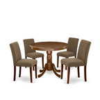 Round Dining Set 5pc - 36 Table & 4 Chairs - Linen Fabric, Mahogany Legs - Elegant Dining Room Furniture