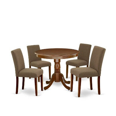 Round Dining Set 5pc - 36 Table & 4 Chairs - Linen Fabric, Mahogany Legs - Elegant Dining Room Furniture