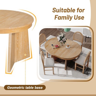 Rattan Round Dining Table Set for 4, Extendable Dining Set with 4 Upholstered Chairs, Kitchen Table and Chairs Set for Small Space, Natural Wood Wash