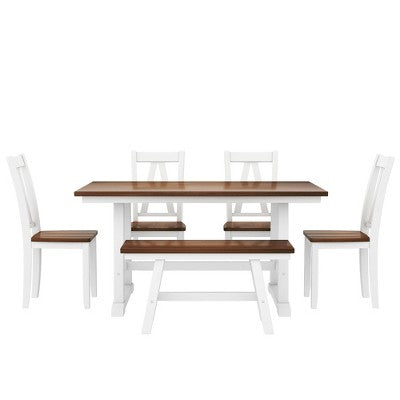 Farmhouse 6-Piece Wood Dining Table Set with Long Bench and 4 Dining Chairs-ModernLuxe