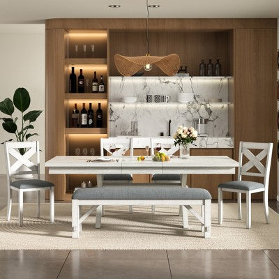 VECELO Rustic 6-Piece Extendable Dining Table Set, Rubber Wood Table with 4 Armless Upholstered Dining Chairs and Bench for Kitchen, Gray