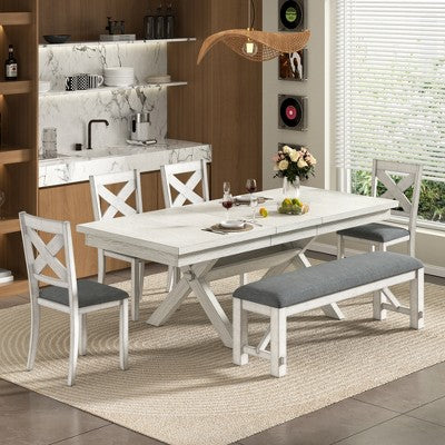 VECELO Rustic 6-Piece Extendable Dining Table Set, Rubber Wood Table with 4 Armless Upholstered Dining Chairs and Bench for Kitchen, Gray