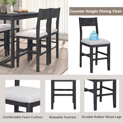 5 Pieces Counter Height Dining Set for 4, Farmhouse Wooden Bar Table Set with 4 Upholstered Chairs for Small Places
