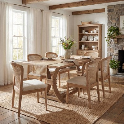 Christopher Knight Home Elowen 7-Piece Farmhouse Expandable Rubberwood Dining Set with Rattan Fabric Upholstered Chairs