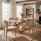 Christopher Knight Home Elowen 7-Piece Farmhouse Expandable Rubberwood Dining Set with Rattan Fabric Upholstered Chairs