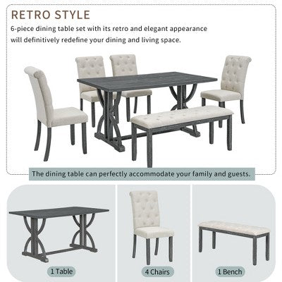6 PCS Retro Dining Table Set, Rectangular Table with Unique Legs and Upholstered Chairs-ModernLuxe