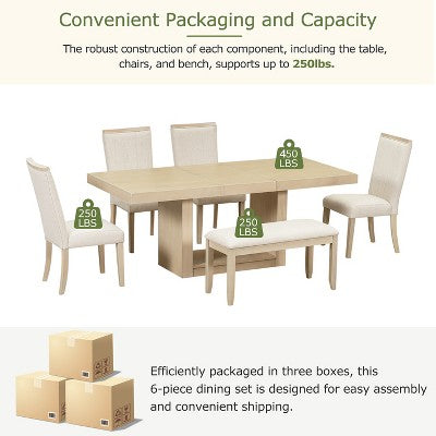 6 Piece Extendable Dining Table Set Dining Set with Removable Leaf, 4 Upholstered Dining Chairs and Bench, Natural+Beige - ModernLuxe