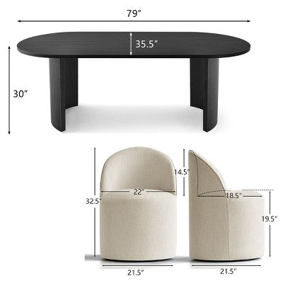 Dining Table Set for 6, Oval 79 Table and Linen Fabric Upholstered Barrel Chairs with Casters, for the Dining Room-Panipeachy