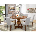 HomeStock 7 Piece Antique Walnut Round Pedestal Dining Set with 6 Linen Parson Chairs