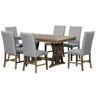 7 PCS Extendable Dining Set for 6, Dining Table Set with 6 Upholstered Dining Chairs, Mid-Century Style, Golden Brown+Gray-ModernLuxe