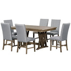 7 PCS Extendable Dining Set for 6, Dining Table Set with 6 Upholstered Dining Chairs, Mid-Century Style, Golden Brown+Gray-ModernLuxe