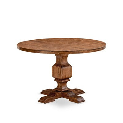 HomeStock 7 Piece Antique Walnut Round Pedestal Dining Set with 6 Linen Parson Chairs