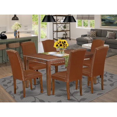 HomeStock 7 Piece Kitchen Table Set Brown Faux Leather Chairs Parsons Style