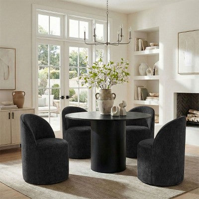 5-Piece Dining Table Set for 4, Modern Barrel Chair with Wheels and Chenille Upholstery, Black Round Pedestal Table-Panipeachy