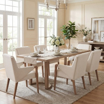 Christopher Knight Home Harish Modern 7 Piece Rubberwood Linen Upholstered Dining Set with Rectangular Table