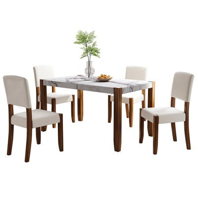 Faux Marble Dining Table Set for 4, 5 Pieces Rectangle Dining Table with 4 Upholstered Chairs for Small Space Kictchen