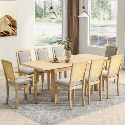 9 Pieces Extendable Dining Table Set for 6, Rectangular Kitchen Dining Table with Removable Leaf and 6 Armless Chairs and 2 Arm Chairs